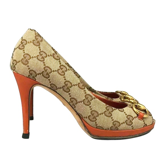 Gucci GG Canvas Horsebit Peep Toe Heels Pumps Size 36 - Picture 2 of 8